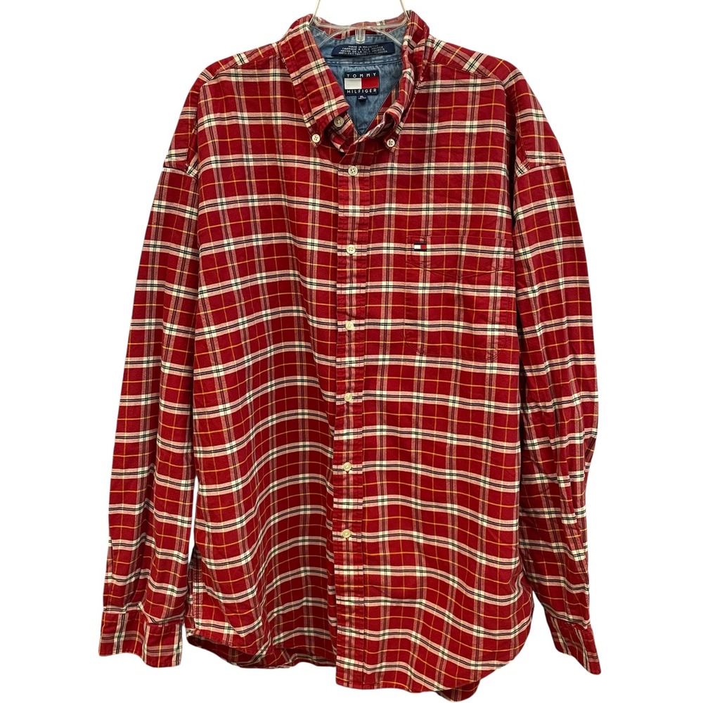 Tommy Hilfiger Plaid‎ Flannel Shirt Button Up Long Sleeve Red XL
